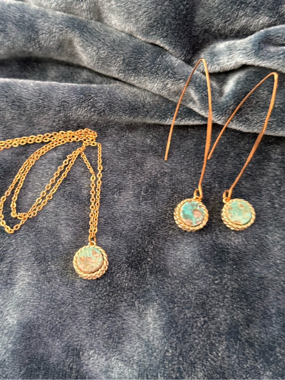 Turquoise Stone and Copper Stone in Gold Bezel Necklace and Earring Set